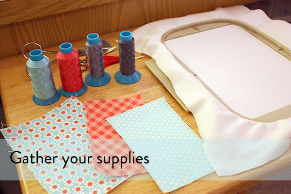 supplies needed: thread, fabric, stabilizer, scissors