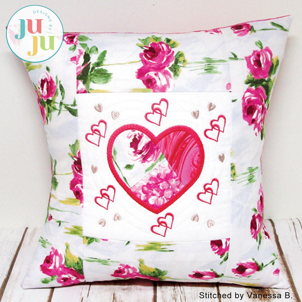 Crazy Patch Heart Pillow by Oma's Place | Machine Embroidery Designs by JuJu