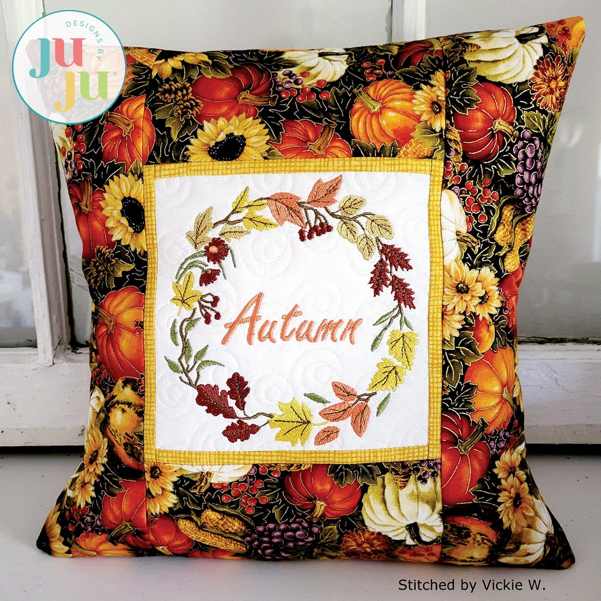 Autumn Wreath Pillow  by Oma's Place | Machine Embroidery Designs by JuJu