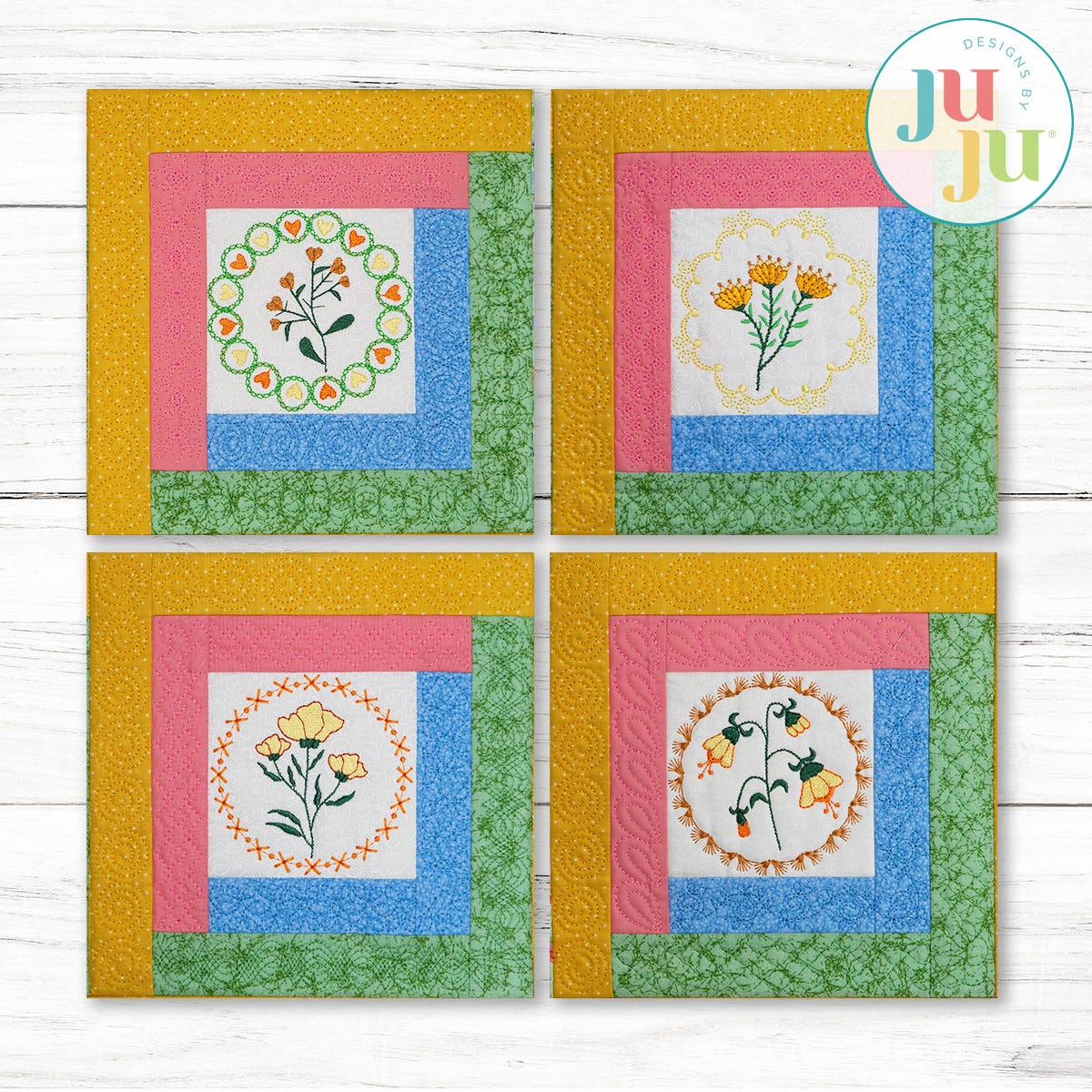 In The Hoop Log Cabin Botanical Blocks Project Set 2 | Machine Embroidery Designs by JuJu