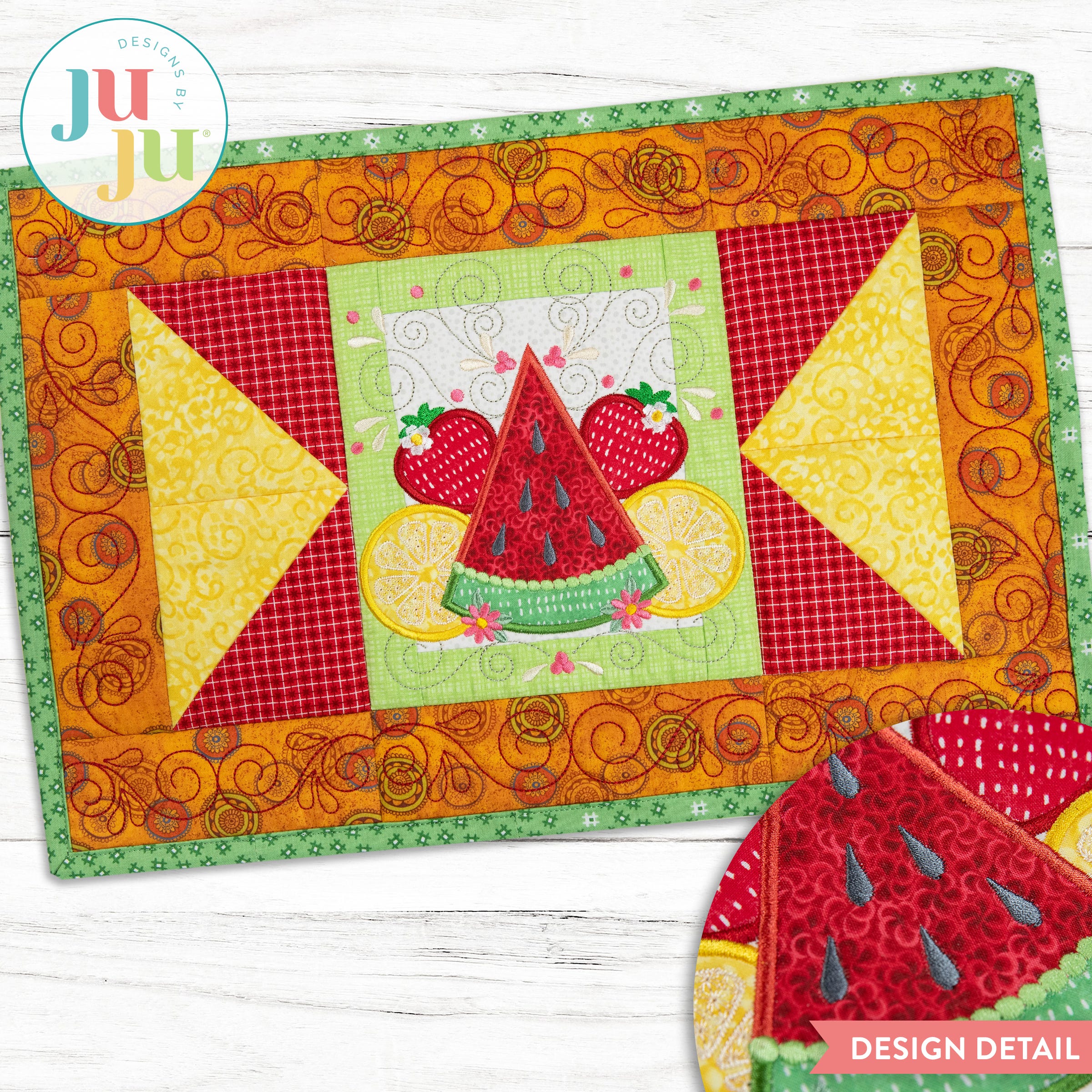 In The Hoop Modular Summer Fruit Placemat Project | Machine Embroidery Designs by JuJu