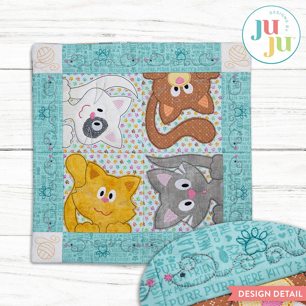 In The Hoop Kitty Patchy Pillow Bean Stitch Project | Machine Embroidery Designs by JuJu