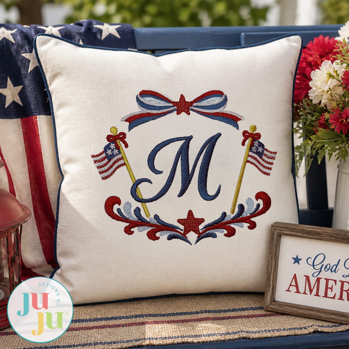 Flags and Bows Patriotic Satin Stitch Monogram Embroidery Font | Machine Embroidery Designs by JuJu