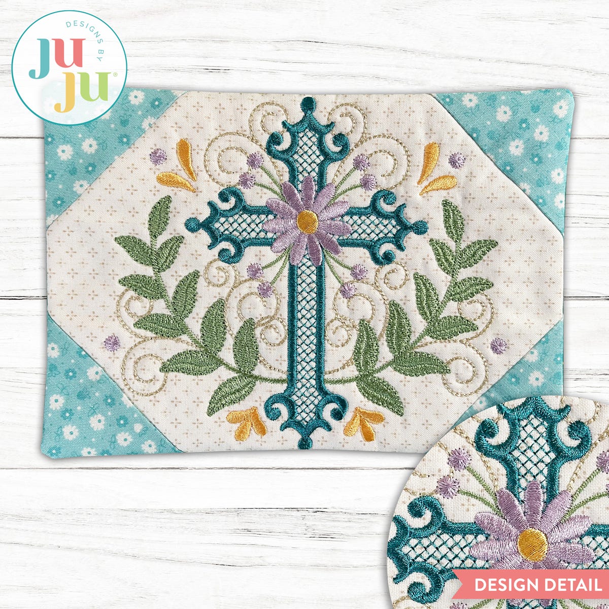 In The Hoop Elegant Cross Mug Rug Project | Machine Embroidery Designs by JuJu