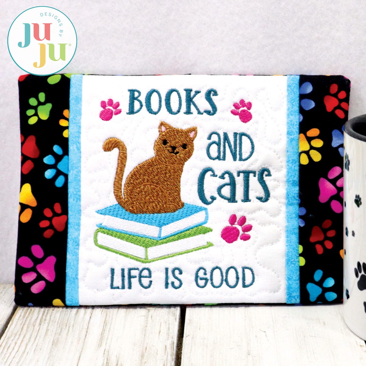 In The Hoop Books and Cats Mug Rug Project by Oma's Place | Machine Embroidery Designs by JuJu