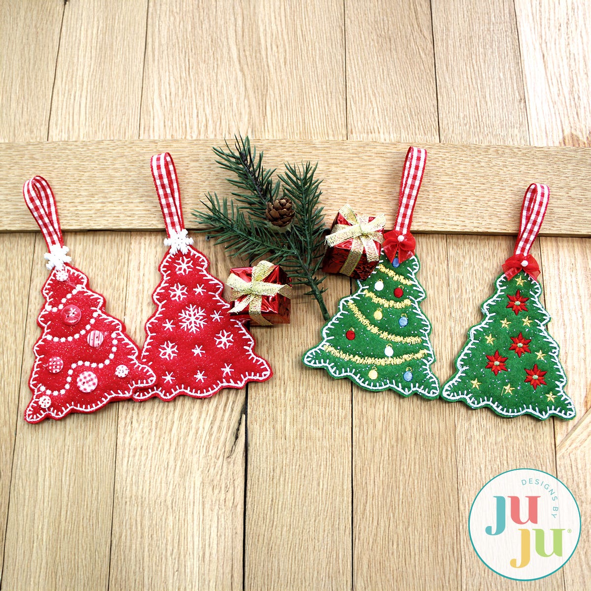 Felt Christmas Tree Ornaments by Oma's Place | Machine Embroidery Designs by JuJu