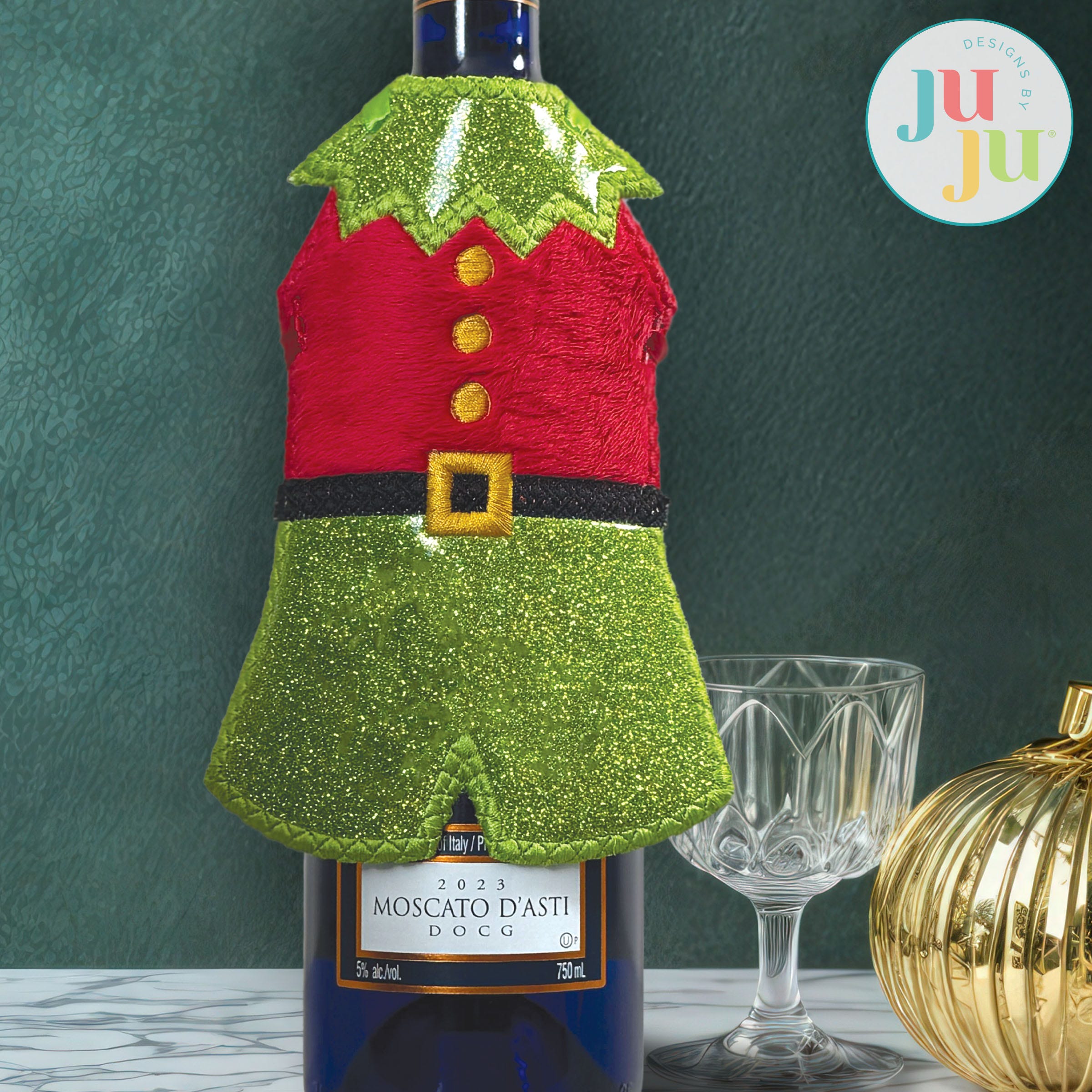 In The Hoop Elf Suit Wine Bottle Wrap Project | Machine Embroidery Designs by JuJu