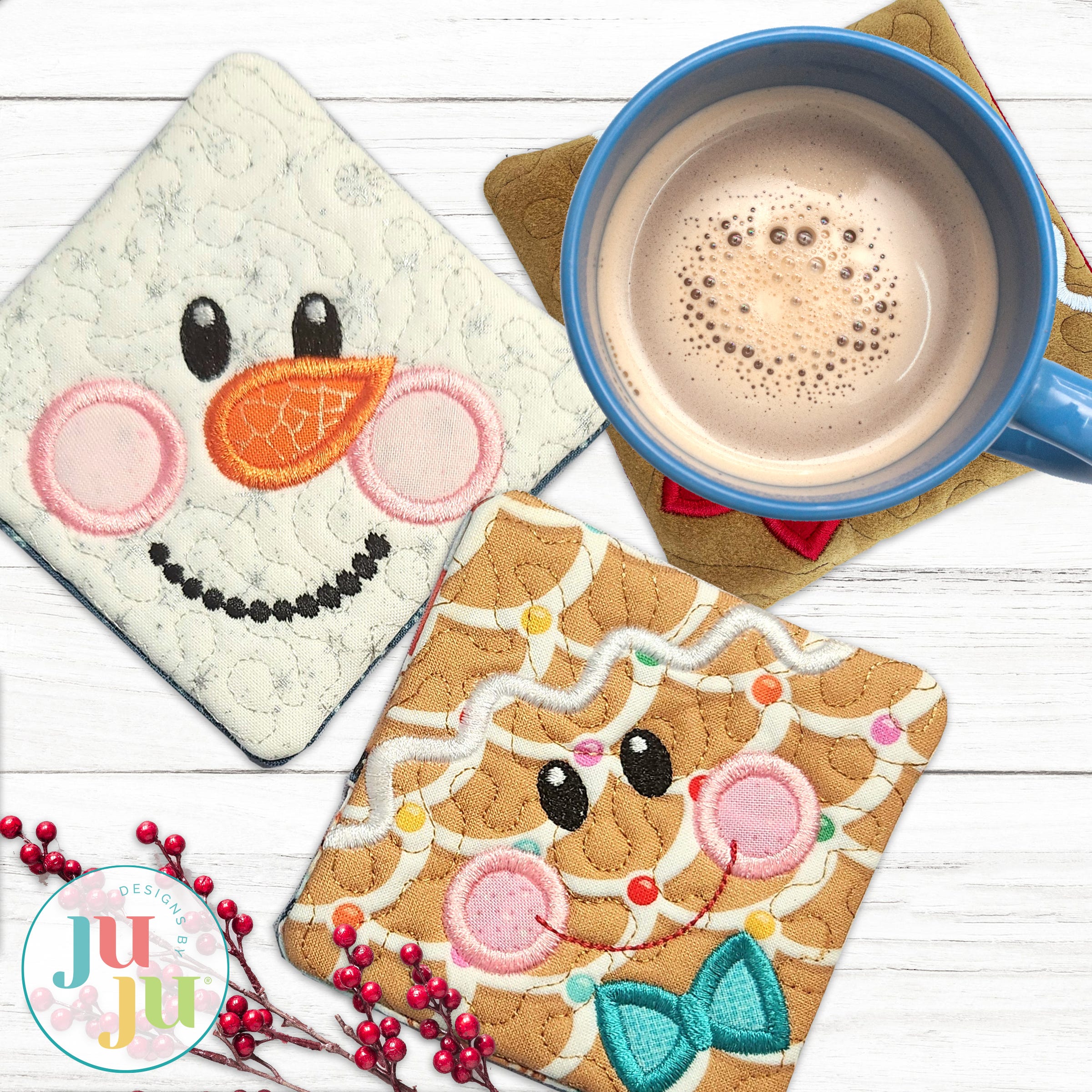 In The Hoop Christmas Faces Coasters 2 Project | Machine Embroidery Designs by JuJu