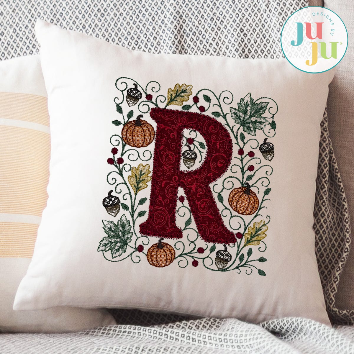 Elegant Autumn Motif Stitch Applique Monogram Embroidery Font | Machine Embroidery Designs by JuJu
