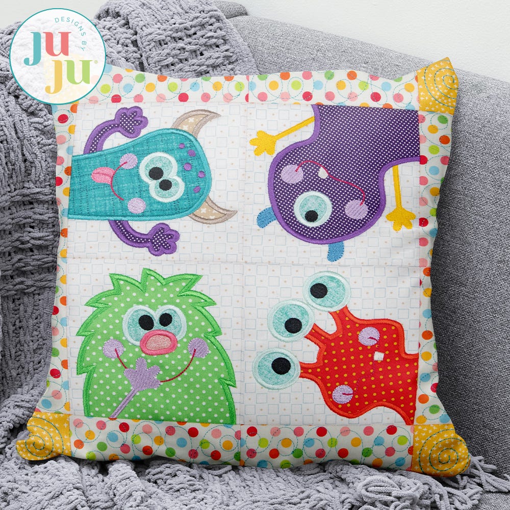 In the Hoop Monster Patchy Pillow Satin Stitch Project | Machine Embroidery Designs by JuJu