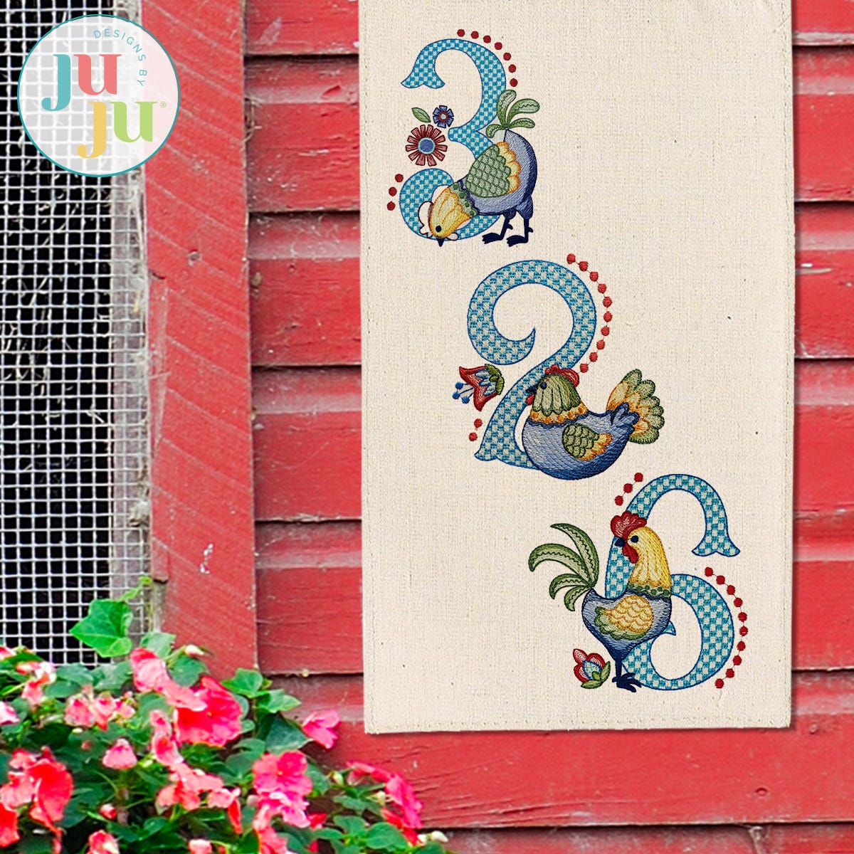 Folkart Chicken Number Embroidery Set | Machine Embroidery Designs by JuJu