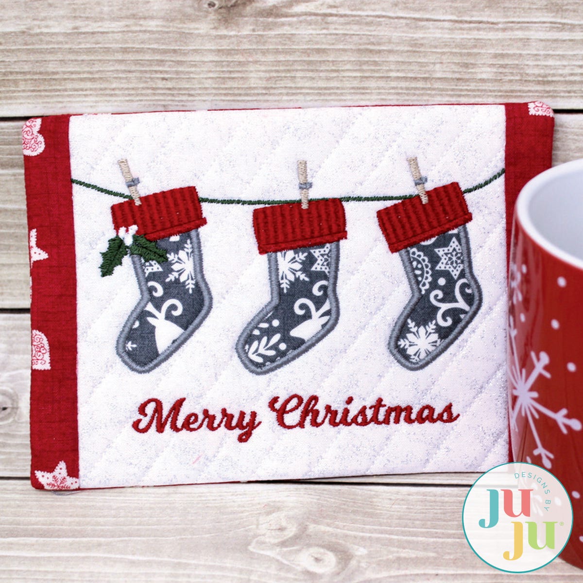 Stockings Mug Rug by Oma's Place | Machine Embroidery Designs by JuJu