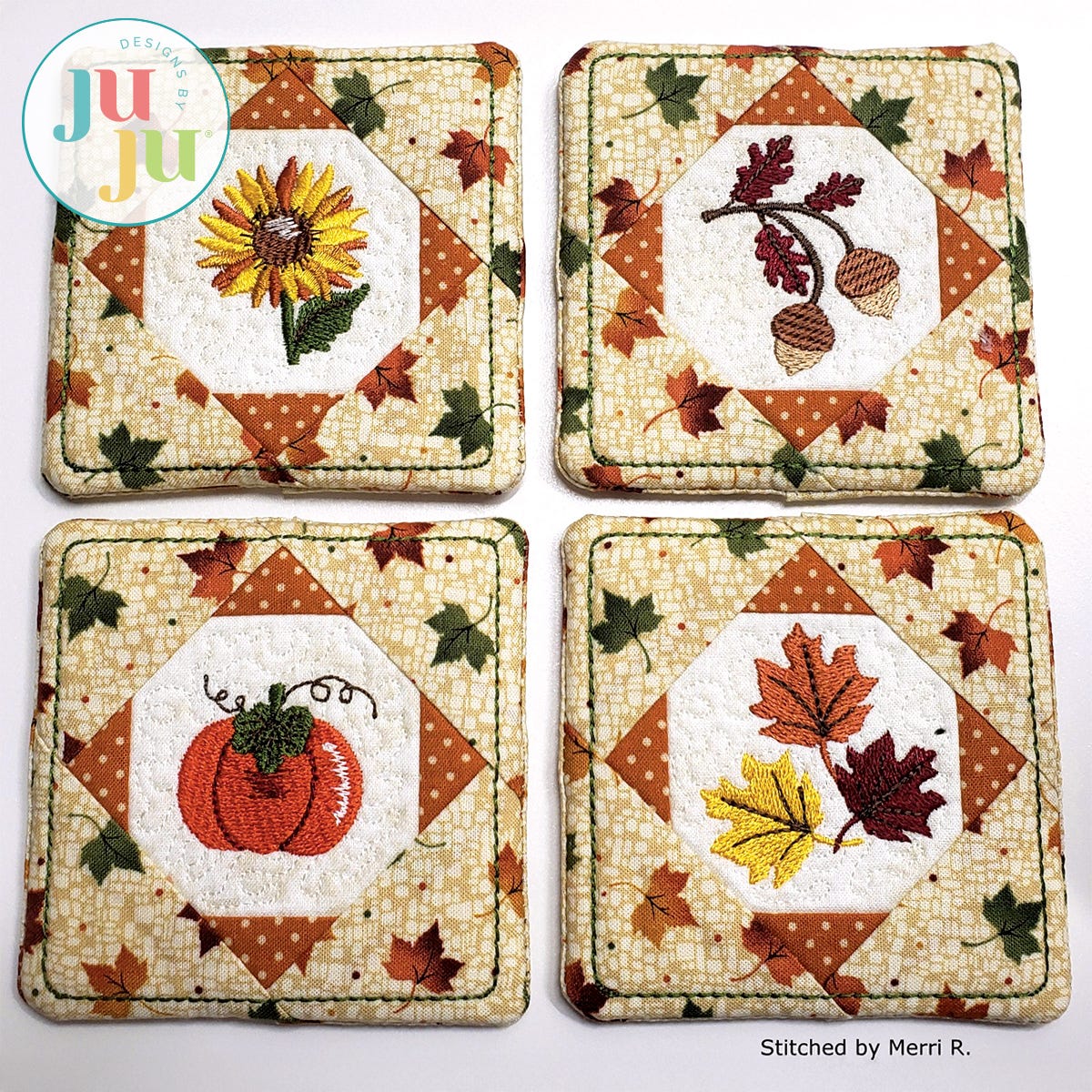 In The Hoop Autumn Coasters Project by Oma's Place | Machine Embroidery Designs by JuJu