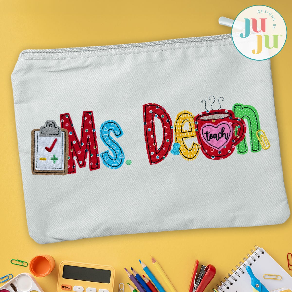 Daisy Doodle Teacher Bean Stitch Applique Embellishment Set | Machine Embroidery Designs by JuJu