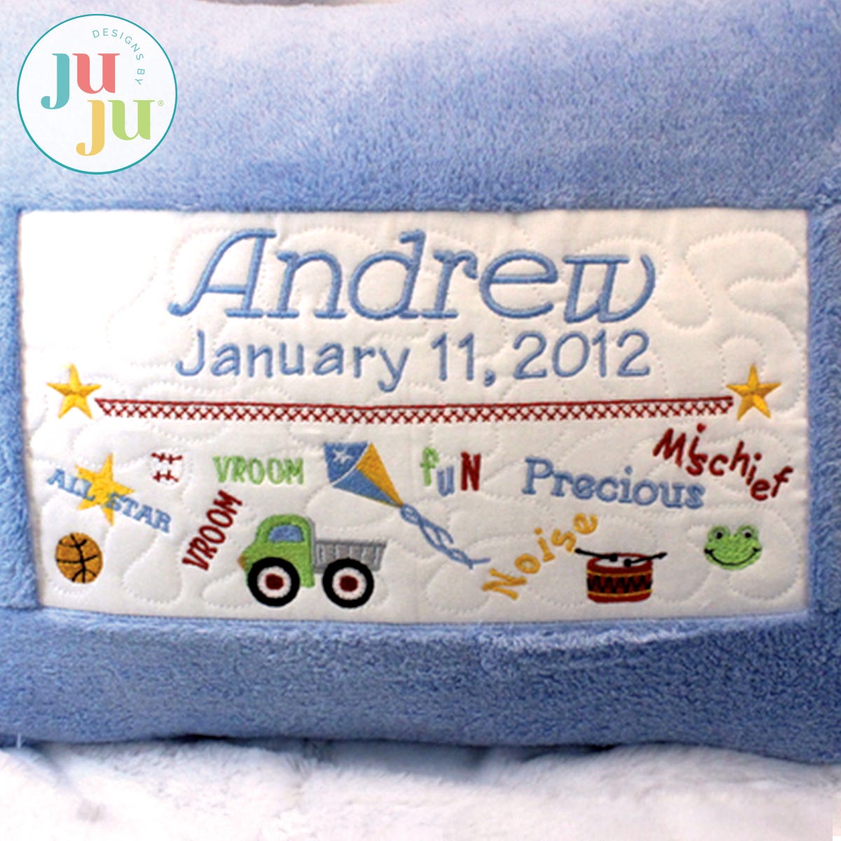 In The Hoop Birth Sampler Pillow Boy Project by Oma's Place | Machine Embroidery Designs by JuJu