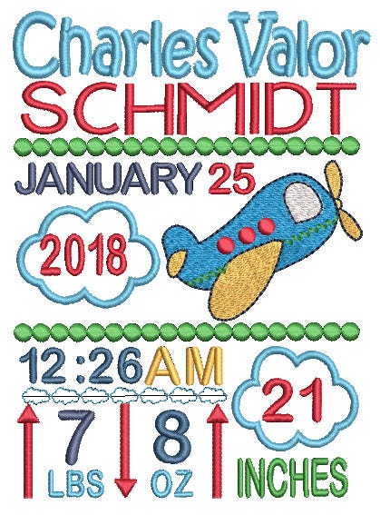 Airplane Birth Announcement Template Machine Embroidery Designs by JuJu