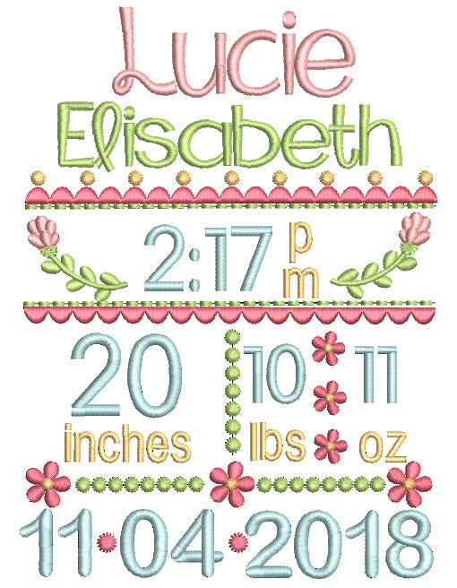 Fun Floral Embroidery Birth Announcement Template Machine Embroidery Designs by JuJu