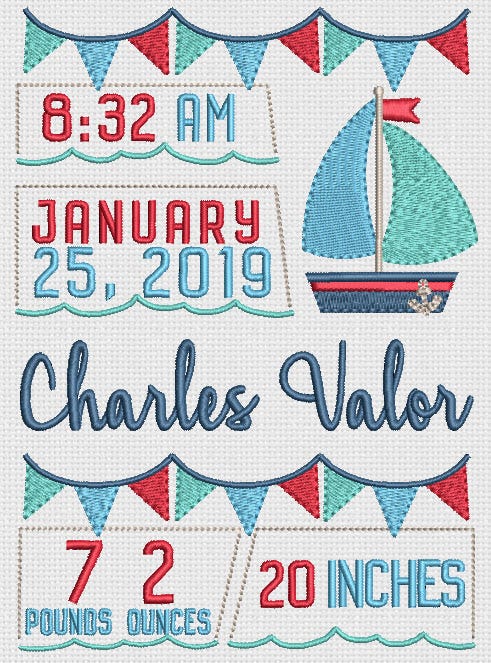 Sailboat Birth Announcement Template Machine Embroidery Designs by JuJu