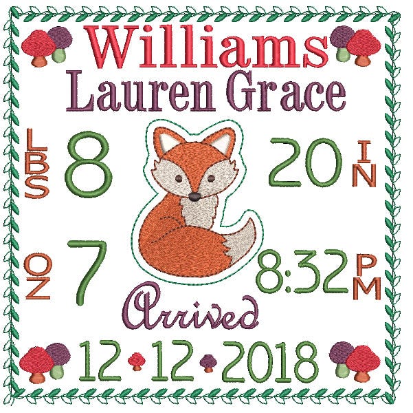 Fox Birth Announcement Template Machine Embroidery Designs by JuJu