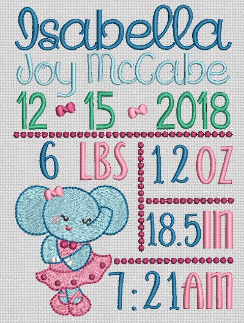 Ballerina Elephant Birth Announcement Template Machine Embroidery Designs by JuJu