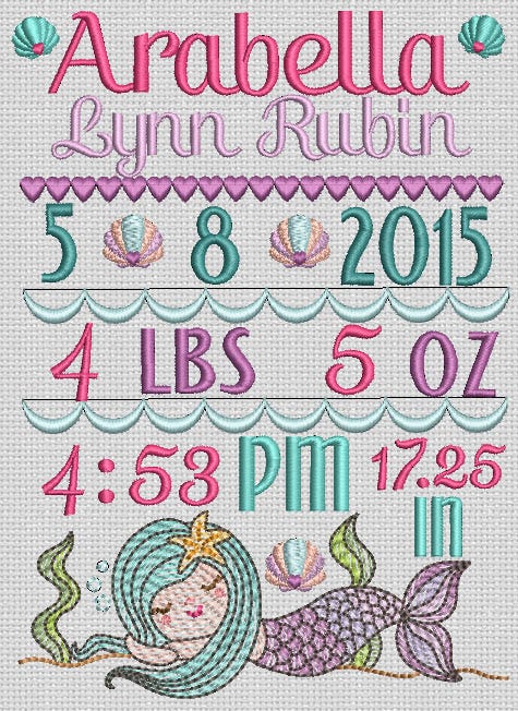 Mermaid Birth Announcement Template Machine Embroidery Designs by JuJu