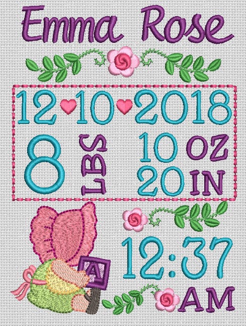 Sunbonnet Birth Announcement Template Machine Embroidery Designs by JuJu