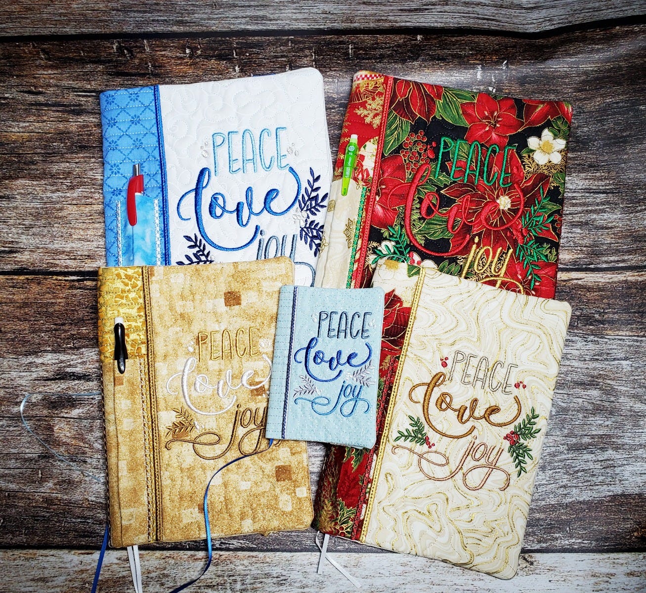 Peace Love Joy Christmas Notebook Covers | Machine Embroidery Designs by JuJu