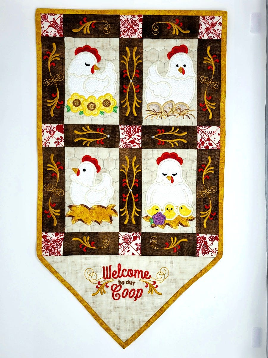 ITH Classic Chickens Wall Hanging | Machine Embroidery Designs by JuJu
