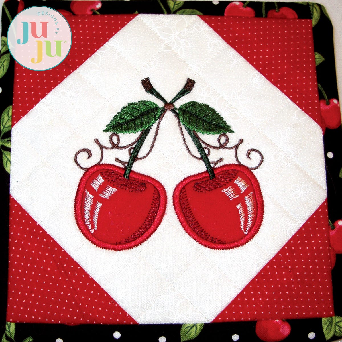 In The Hoop Cherry Potholder Project by Oma's Place | Machine Embroidery Designs by JuJu