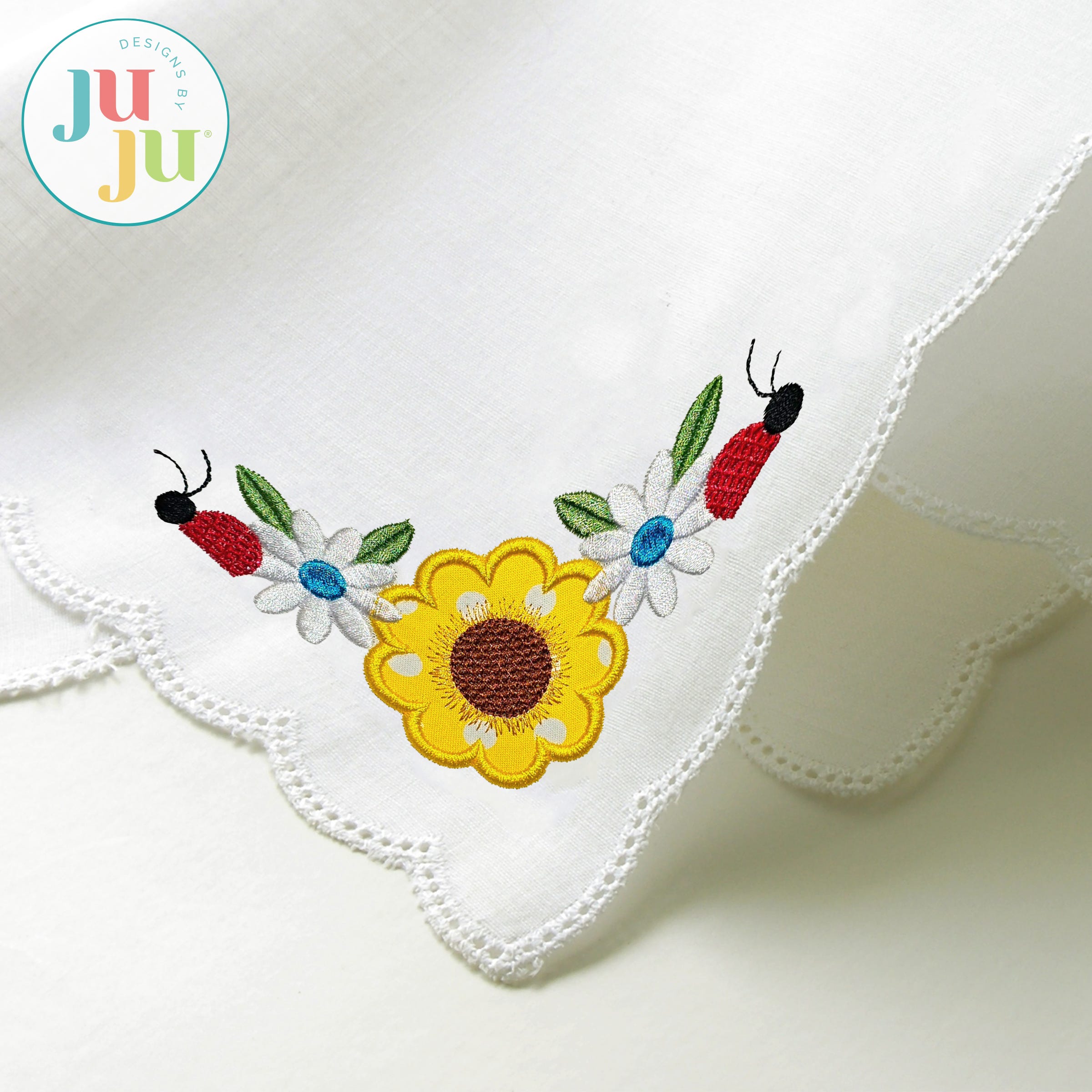 Flowers and Ladybugs Corner Embroidery Design | Machine Embroidery Designs by JuJu