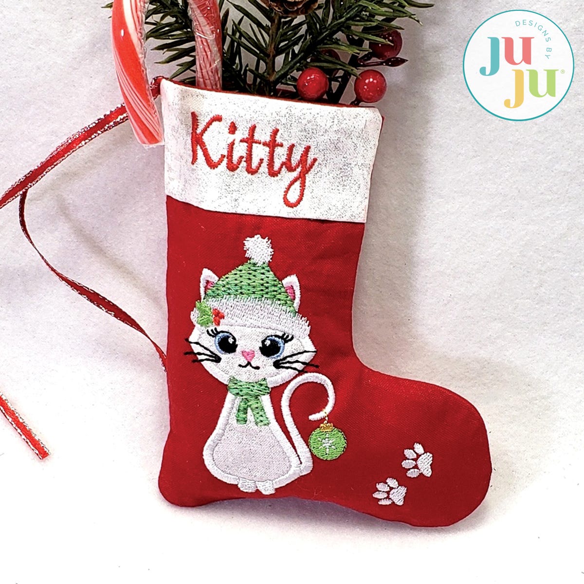 Christmas Cat Ornament Stocking by Oma's Place | Machine Embroidery Designs by JuJu
