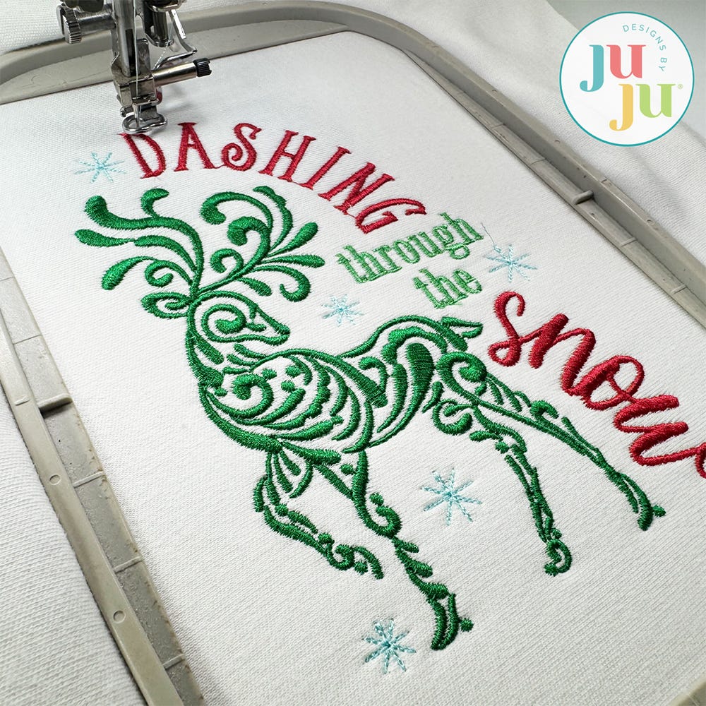 Elegant Swirl Reindeer Embroidery Design | Machine Embroidery Designs by JuJu