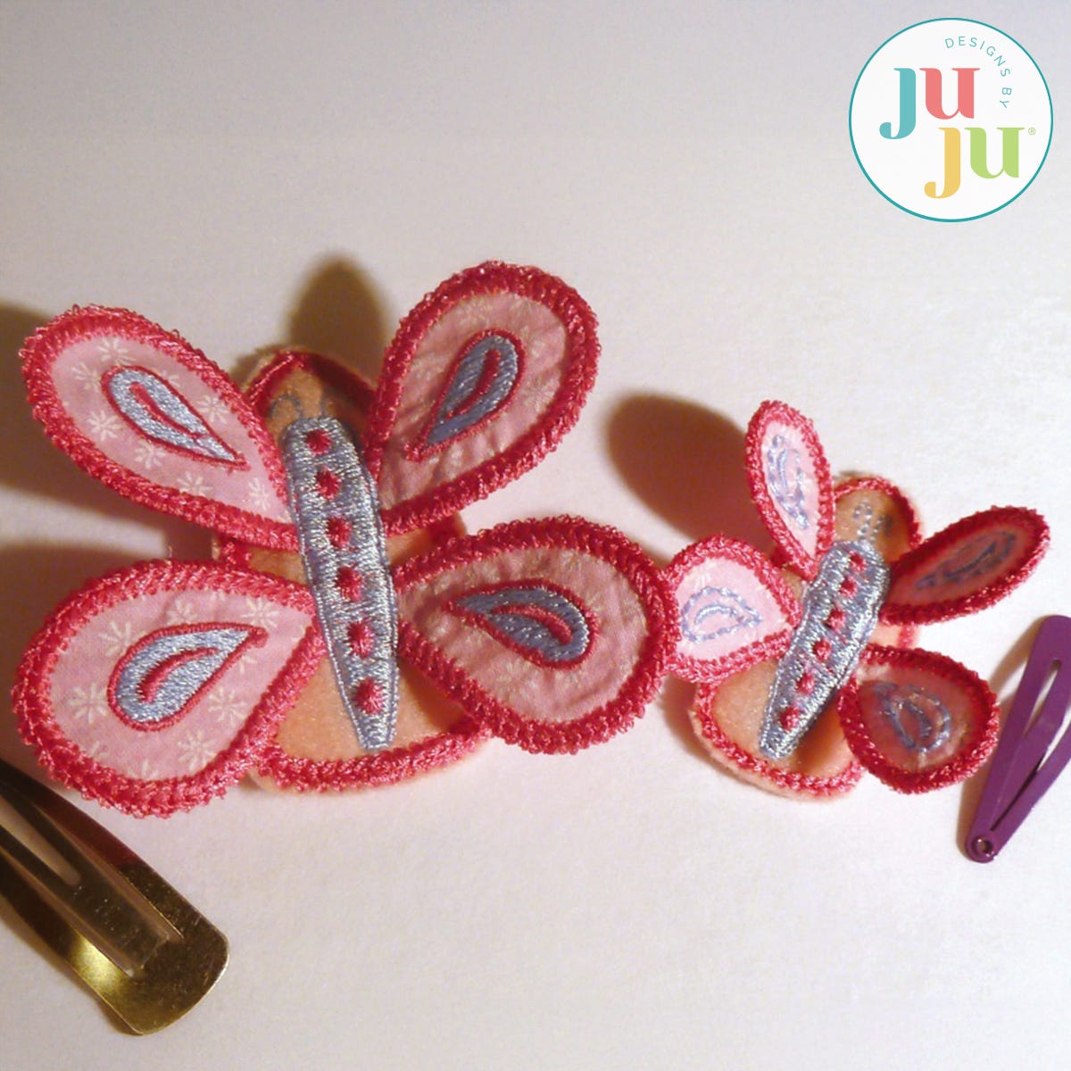 In The Hoop Butterfly Hairclip 2 Project by Oma's Place | Machine Embroidery Designs by JuJu