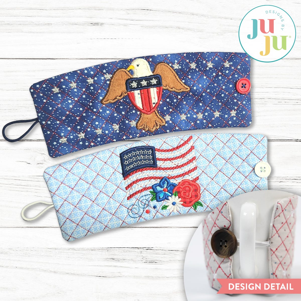 In The Hoop Patriotic Mug Wraps Project Set 1 | Machine Embroidery Designs by JuJu