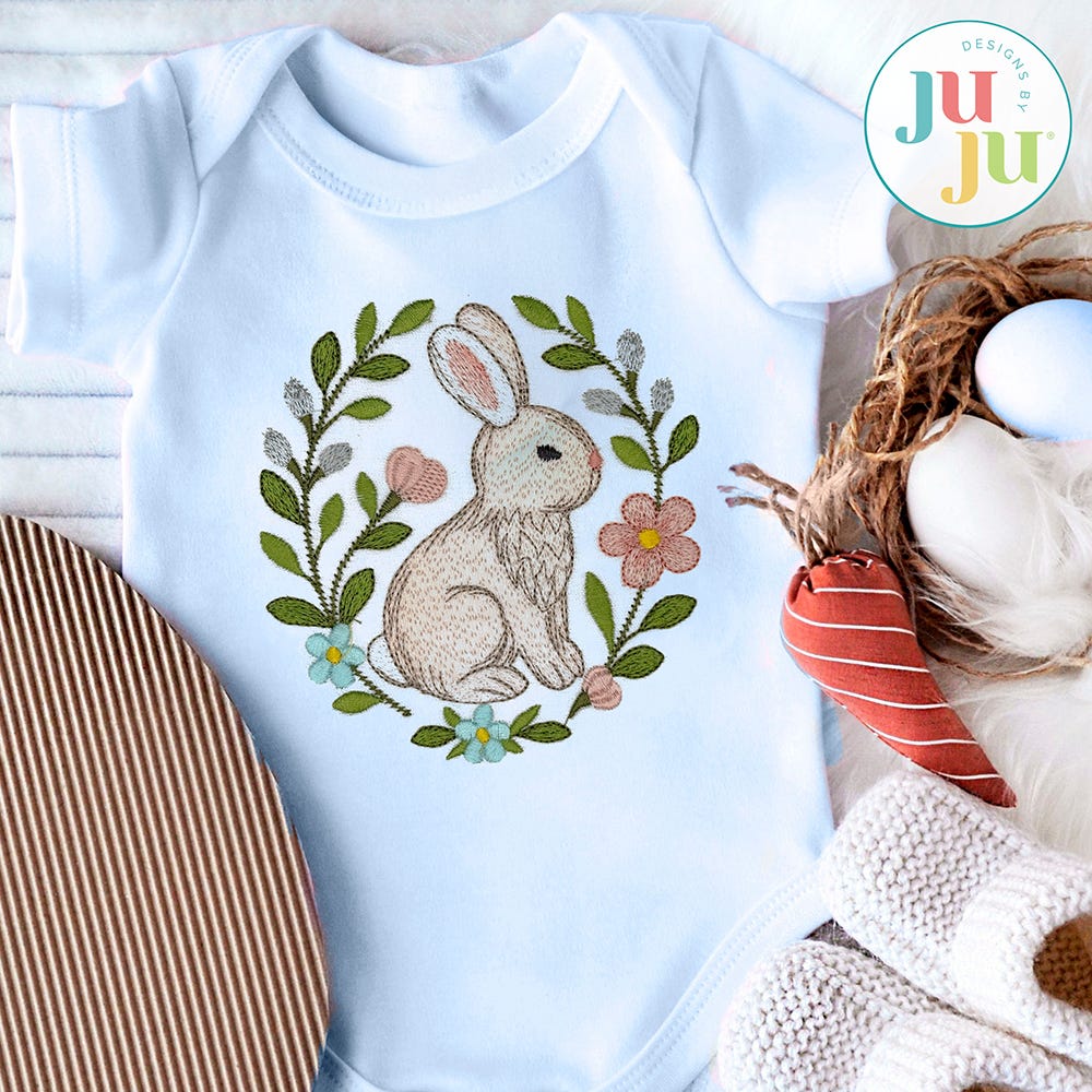 Easter Laurel Bunny Embroidery Design | Machine Embroidery Designs by JuJu