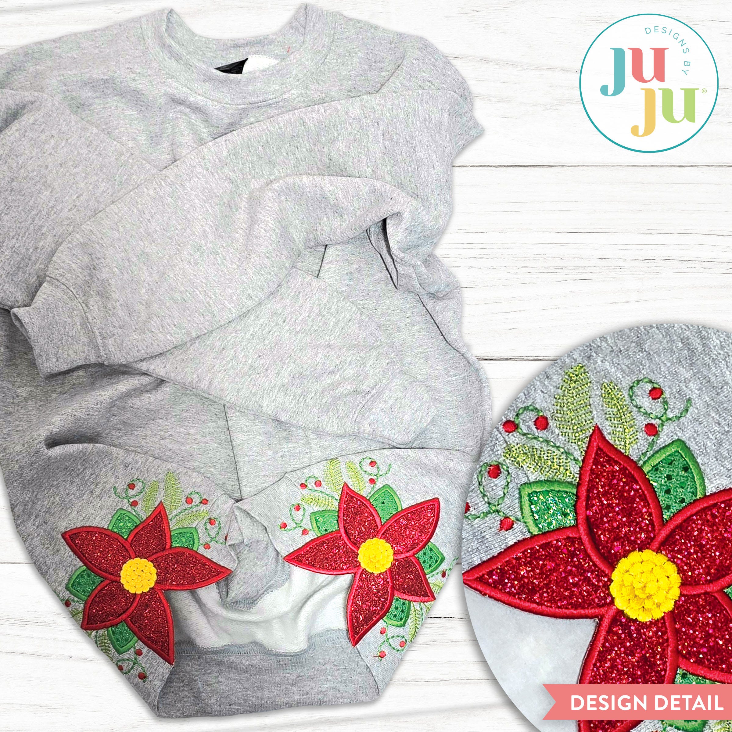 Poinsettia Side Seam Cutaway Applique Embroidery Design | Machine Embroidery Designs by JuJu