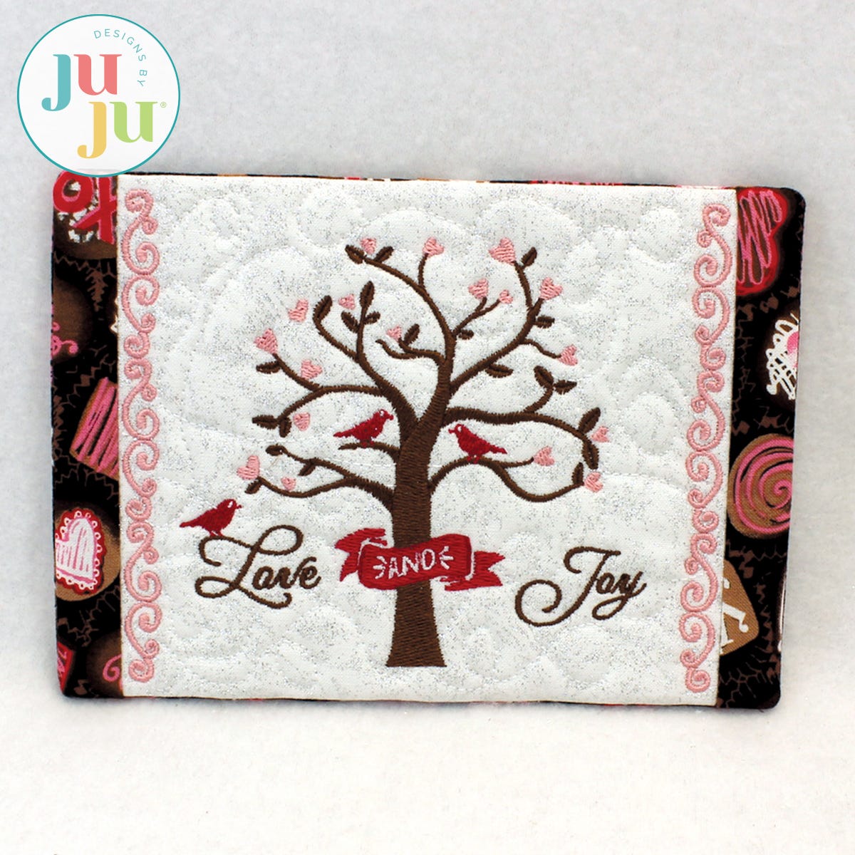 Love Joy Mug Rug by Oma's Place | Machine Embroidery Designs by JuJu
