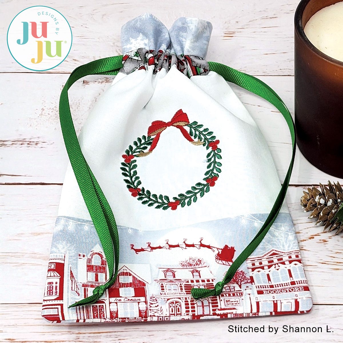  Christmas Drawstring Bags by Oma's Place | Machine Embroidery Designs by JuJu
