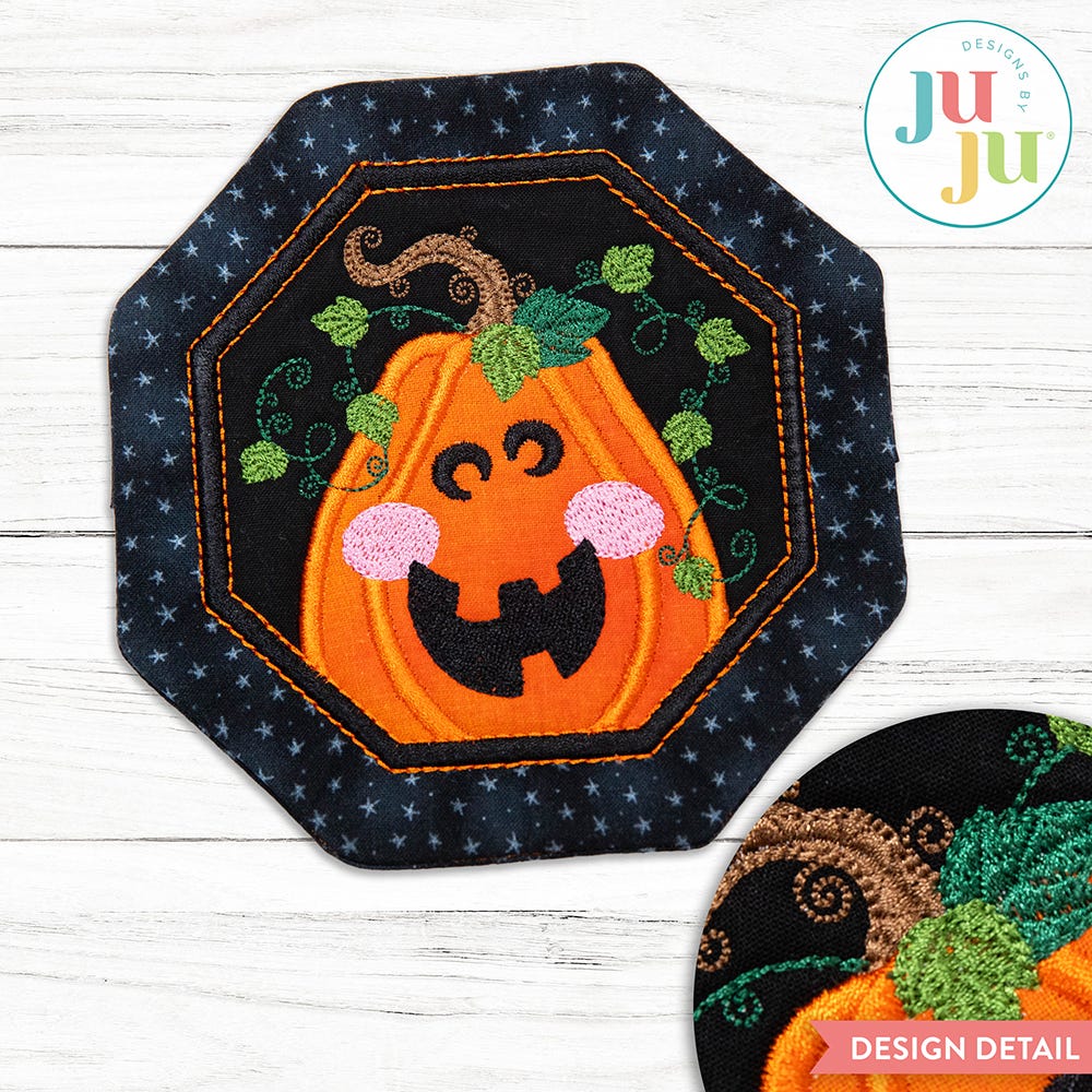 In The Hoop Jack O Lantern Coaster Project | Machine Embroidery Designs by JuJu
