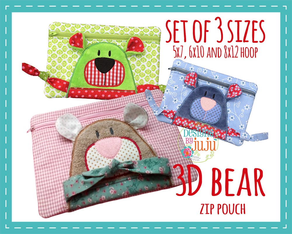 3D Bear Zip Pouch | Machine Embroidery Designs by JuJu