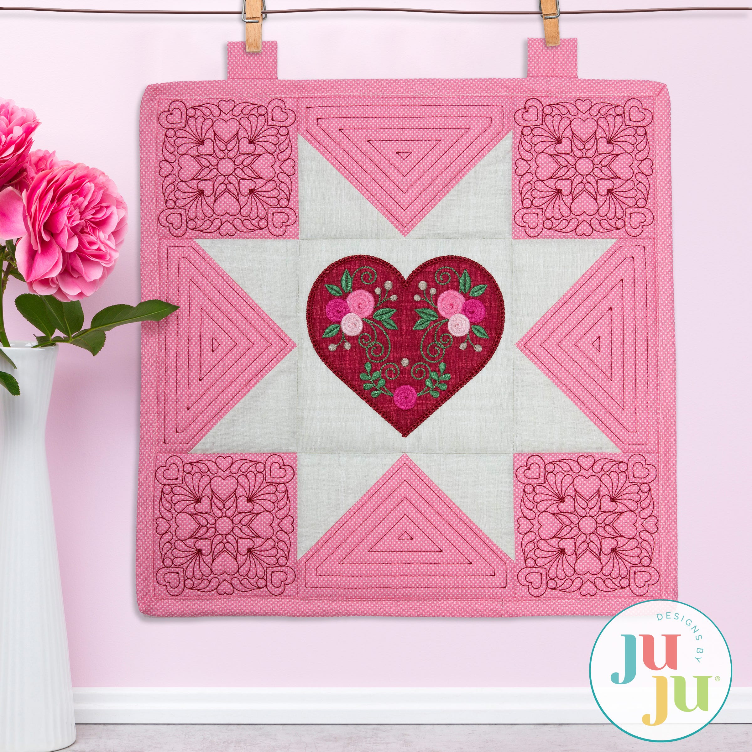 In The Hoop Valentine Mini Quilt Project | Machine Embroidery Designs by JuJu