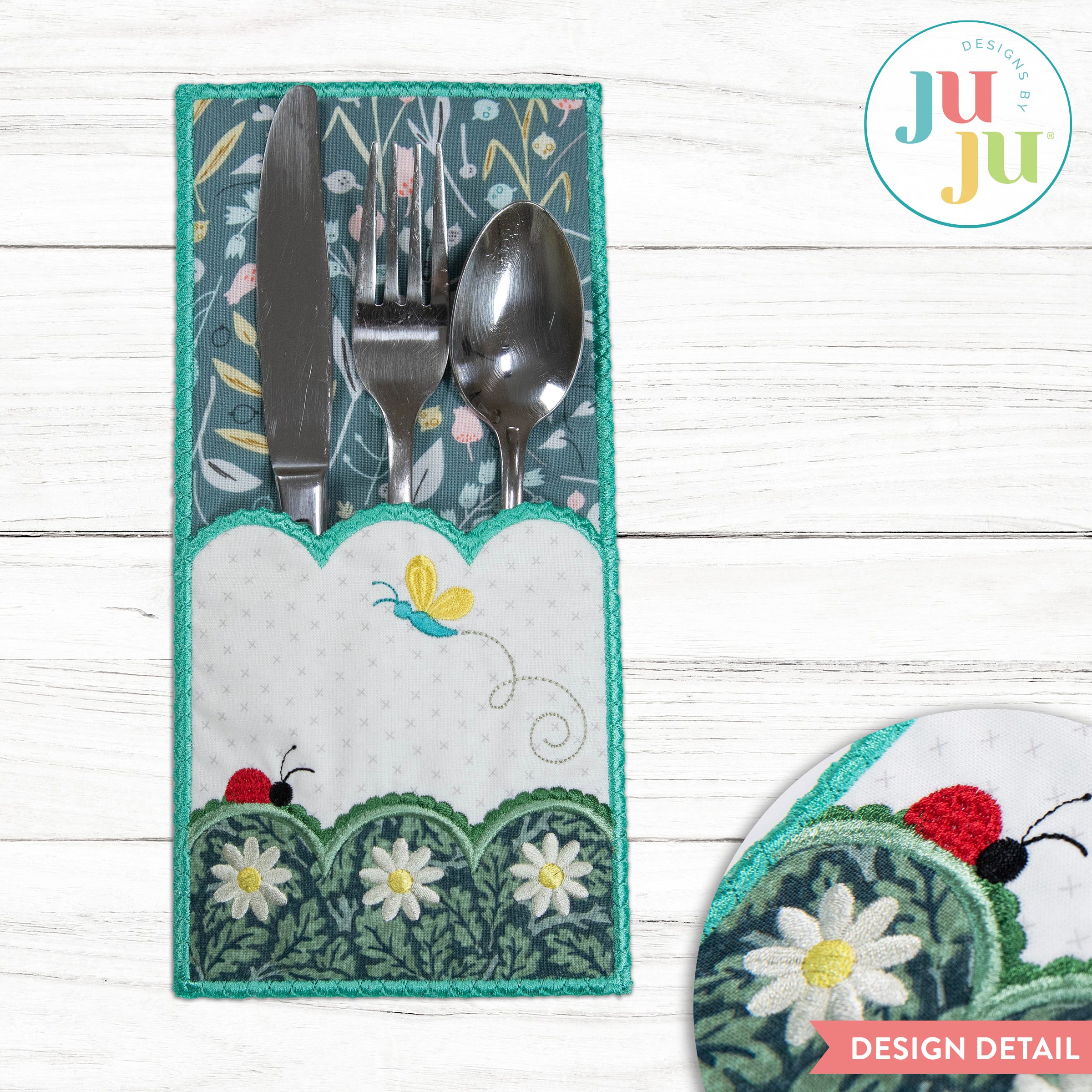 In The Hoop Flowers and Ladybug Utensil Holder Project | Machine Embroidery Designs by JuJu