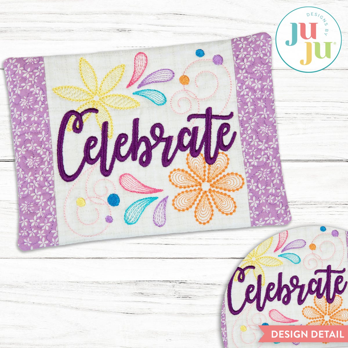 In The Hoop Celebrate Mug Rug Project | Machine Embroidery Designs by JuJu