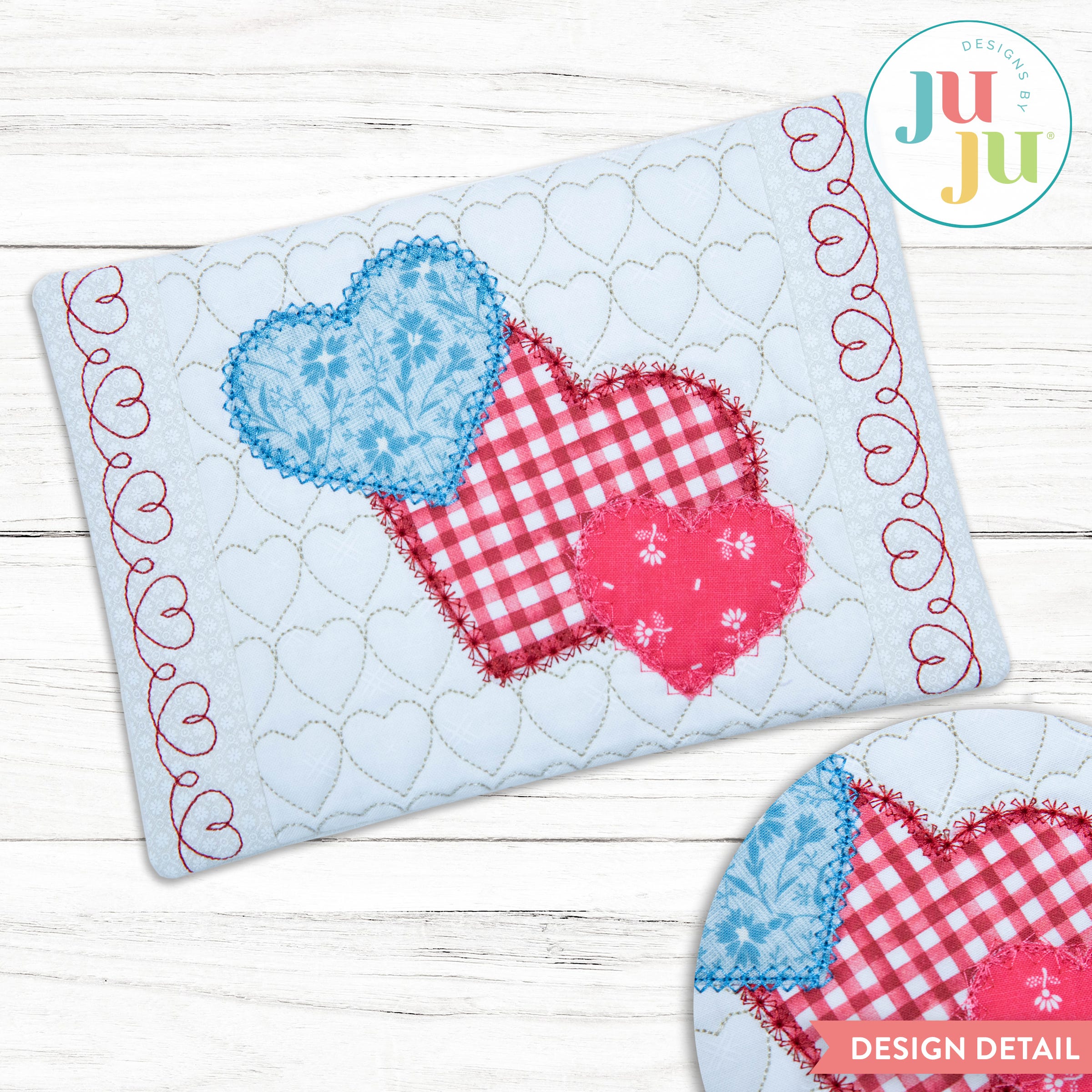 In The Hoop Heart Trio Mug Rug Project | Machine Embroidery Designs by JuJu