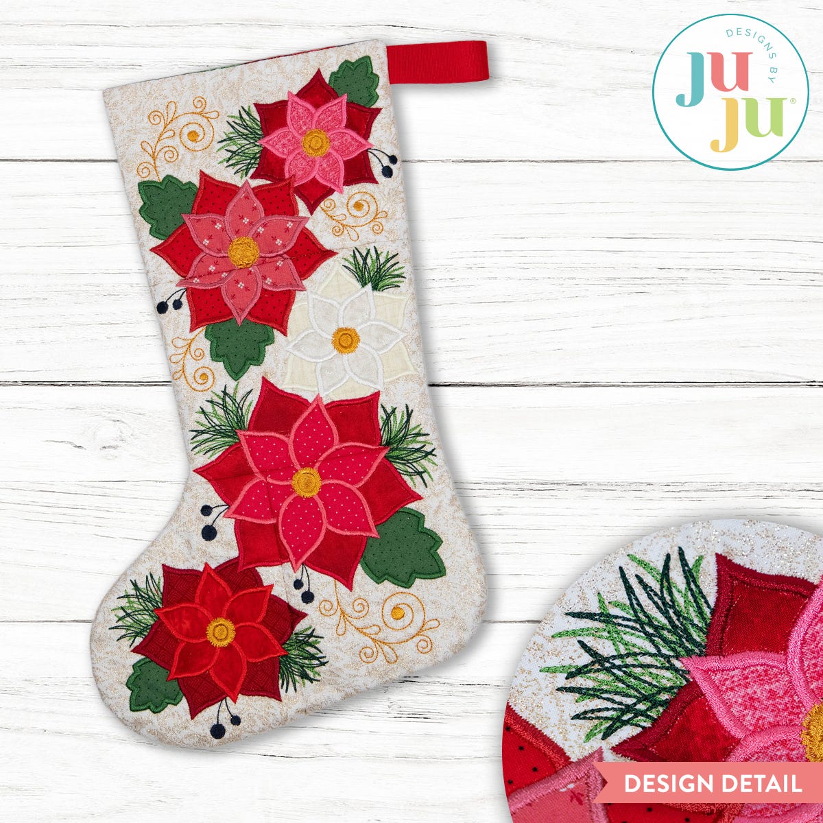 In The Hoop Elegant Poinsettia Stocking Project | Machine Embroidery Designs by JuJu