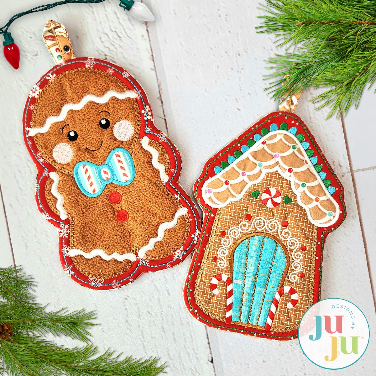 In The Hoop Gingerbread Pot Holders Project | Machine Embroidery Designs by JuJu