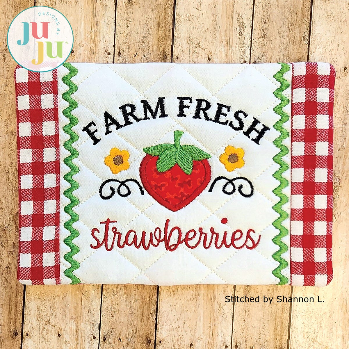 Farm Fresh Mug Rug - Strawberry by Oma's Place | Machine Embroidery Designs by JuJu