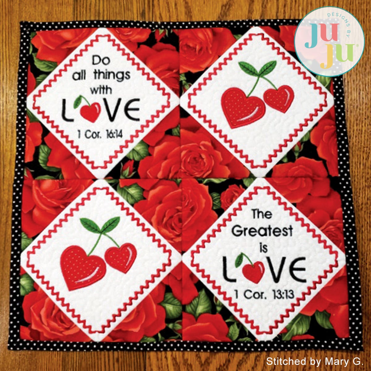 Heart Cherries Mini Quilt by Oma's Place | Machine Embroidery Designs by JuJu