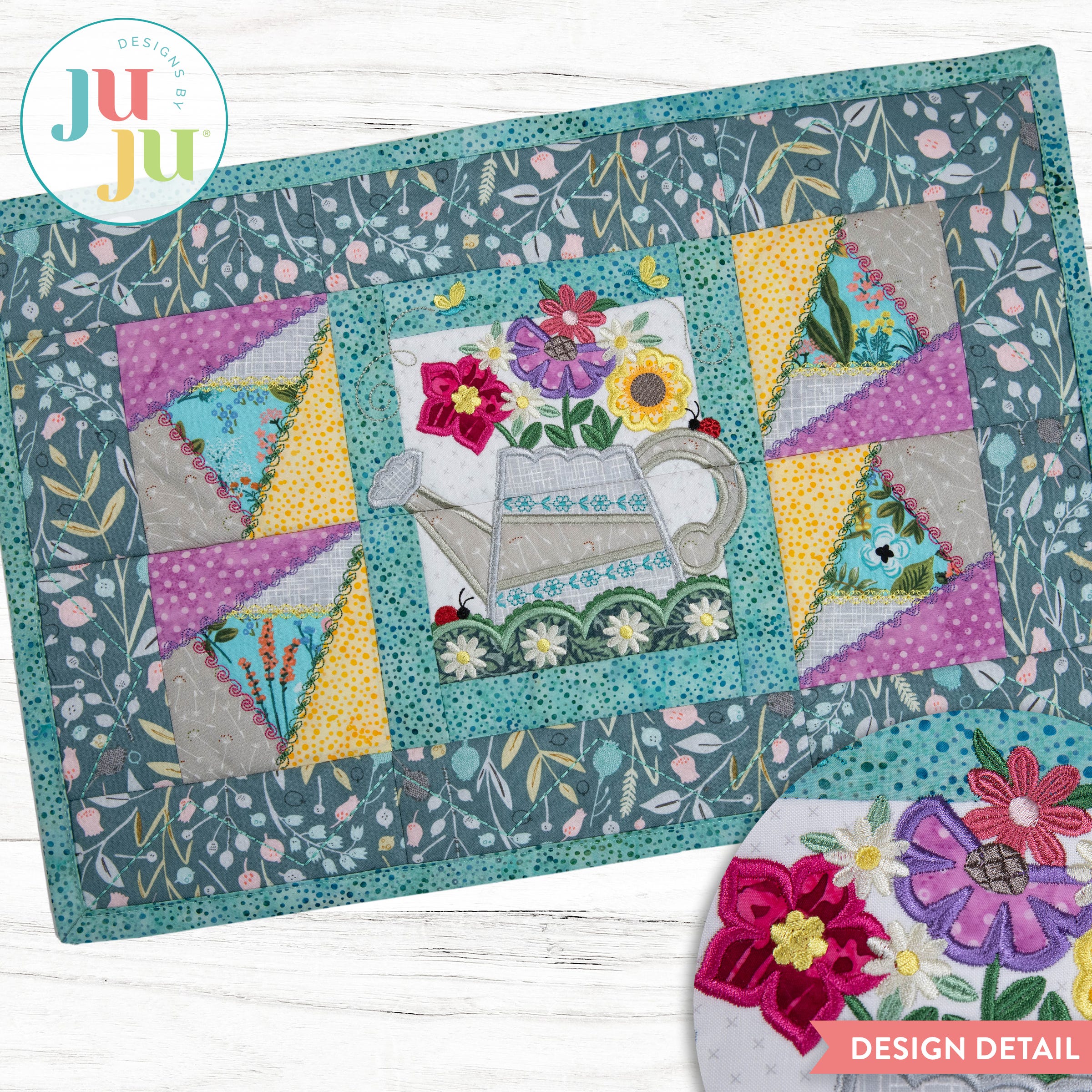 In The Hoop Modular Watering Can Placemat Project | Machine Embroidery Designs by JuJu