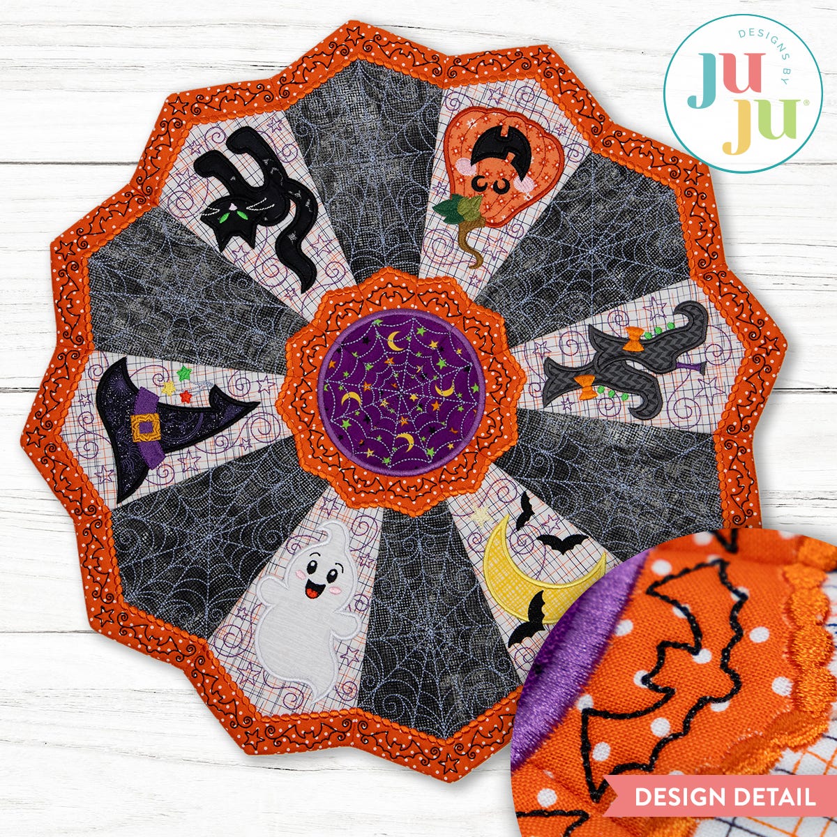 In The Hoop Round Halloween Table Topper Project | Machine Embroidery Designs by JuJu